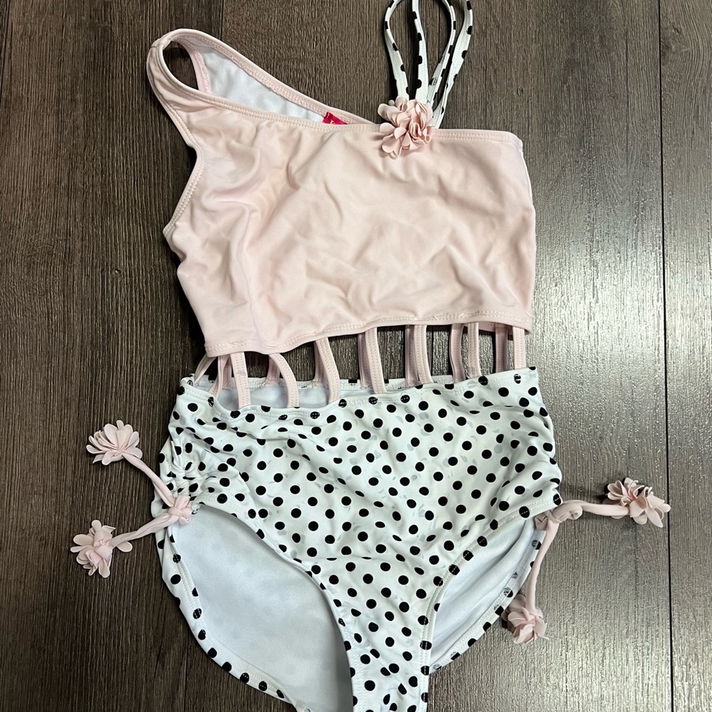 Girls Swim Polka Dot with Pink Rose One PIece Size 8 Kate Mack Cut out
